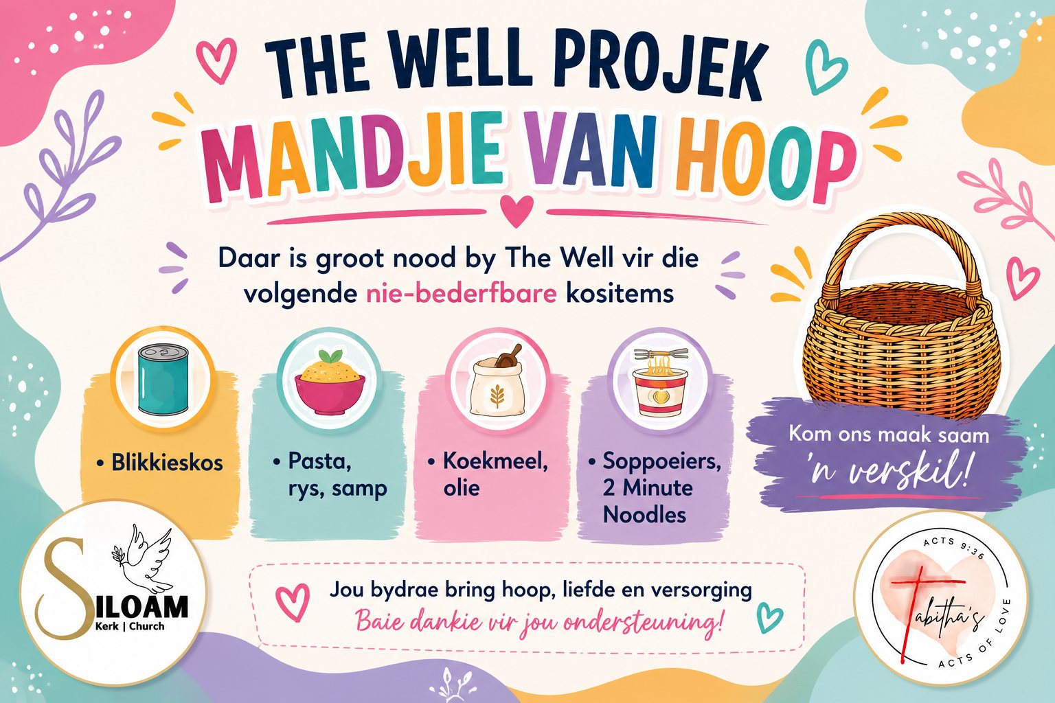 The Well Projek — Mandjie van Hoop: blikkieskos, pasta, rys, samp, koekmeel, olie, soppoeiers, 2 Minute Noodles
